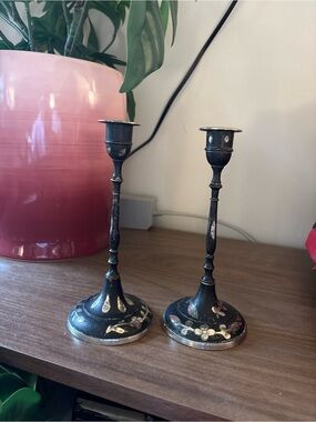 Hand-Painted Black Floral Metal Candlestick Pair